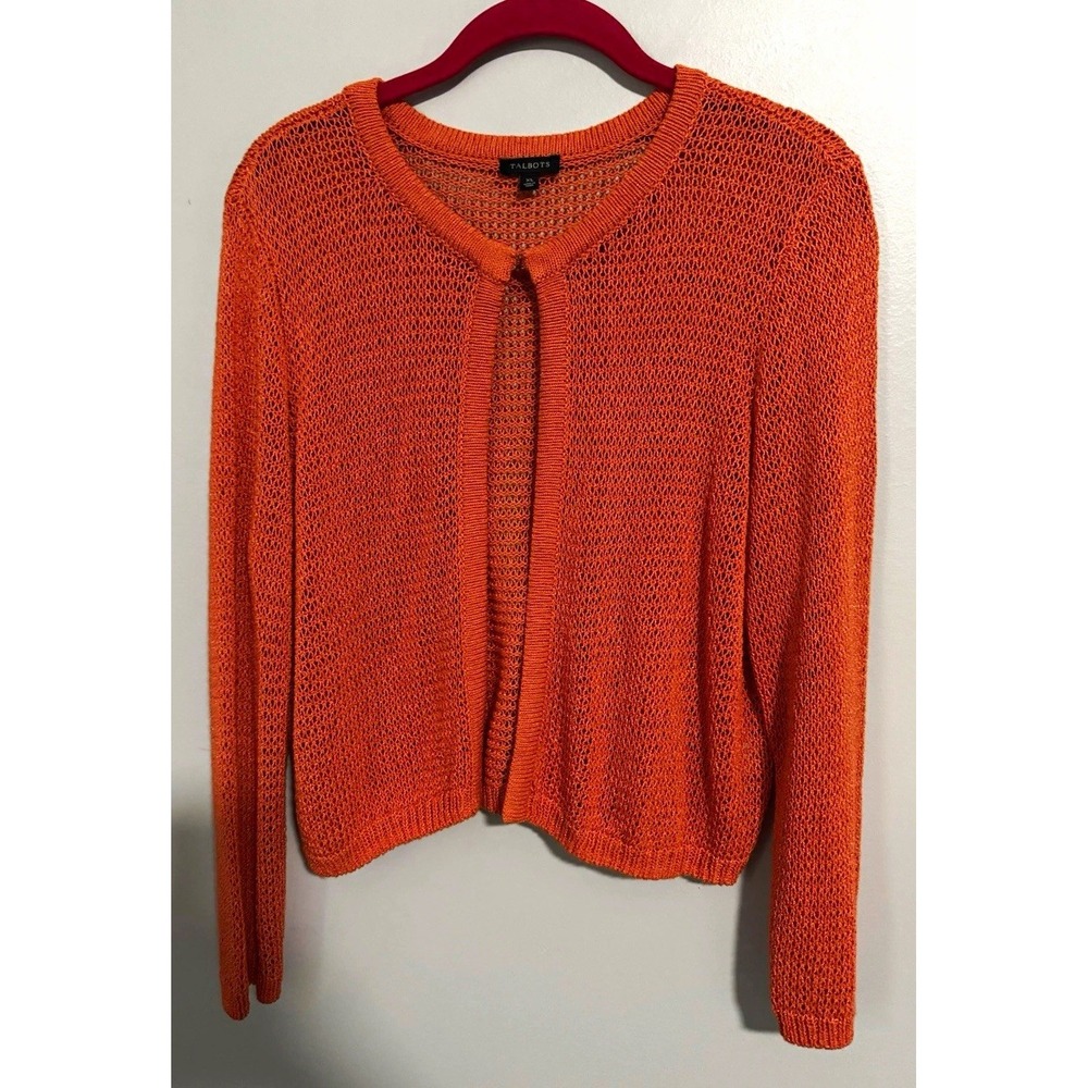 Talbots Women's Orange Open-Knit Cardigan Sweater Crew Neck Long Sleeve XL